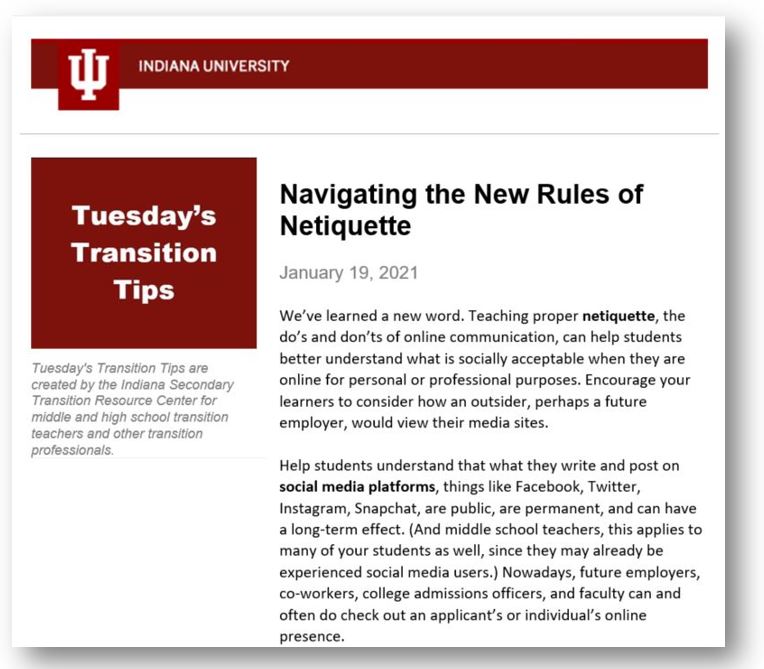 Tuesday's Transition Tips screenshot of "Navigating the New Rules of Netiquette"