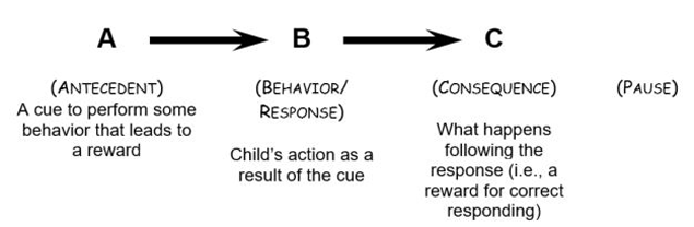  model of DTT, A=Antecedent, then arrow pointing to B = Behavior / Response, then arrow pointing to C = Consequence with a Pause as final step in sequence. Antecedente descrito como uma sugestão para realizar algum comportamento que leva a uma recompensa, comportamento / resposta descrito como a ação da criança como um resultado da sugestão e consequência descrita como o que acontece após a resposta., uma recompensa por uma resposta correcta