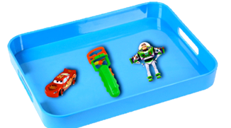 An assortment of toys to choose from, including a toy race car, a bubble wand, and a Buzz Lightyear doll